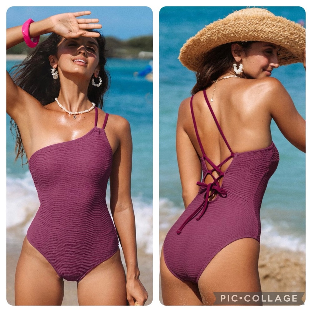 Raspberry Coulis Asymmetrical Neck Back Tie One Piece Swimsuit